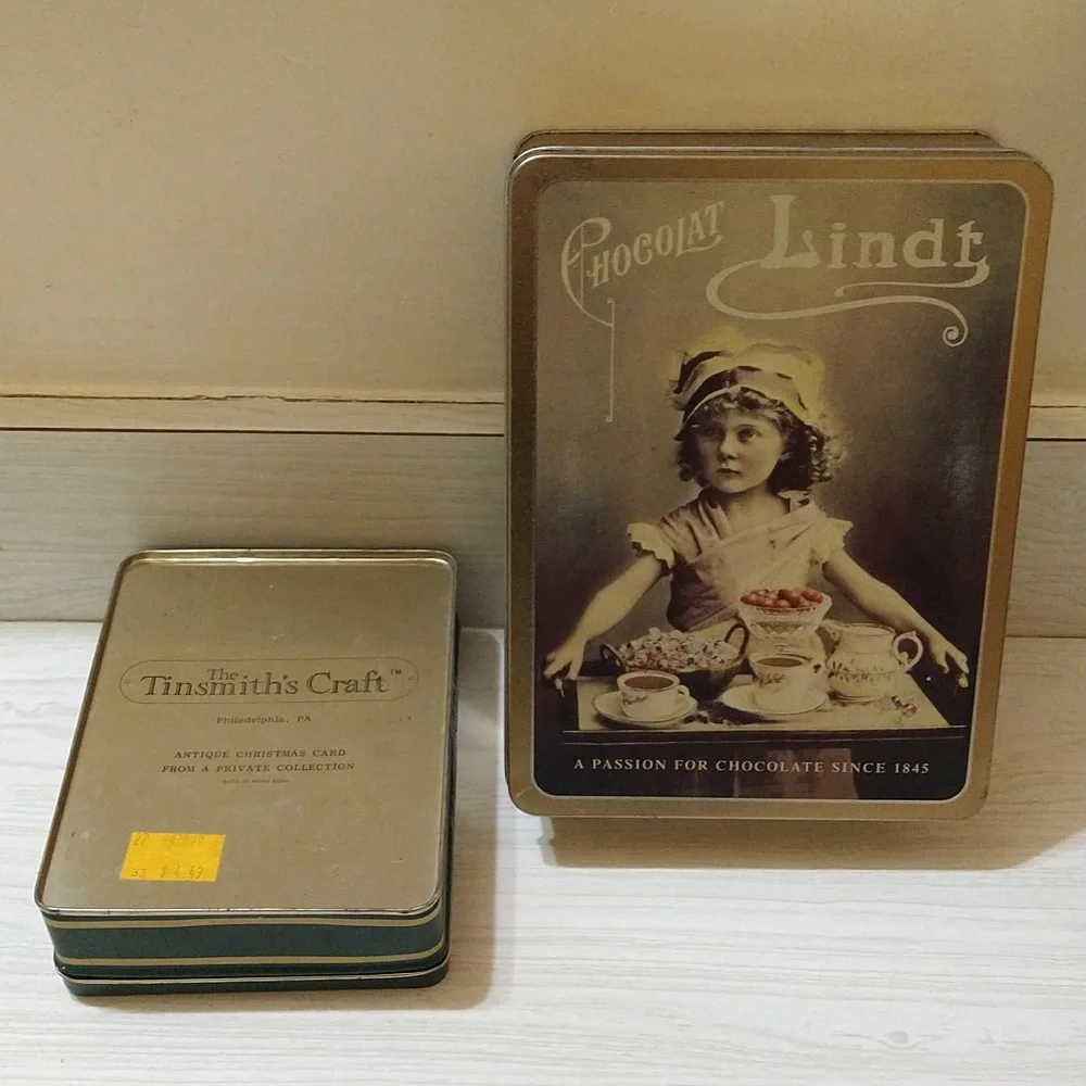 Vintage 2 RARE Chocolat Lindt & The Tinsmith's Craft Tin Storage Cans